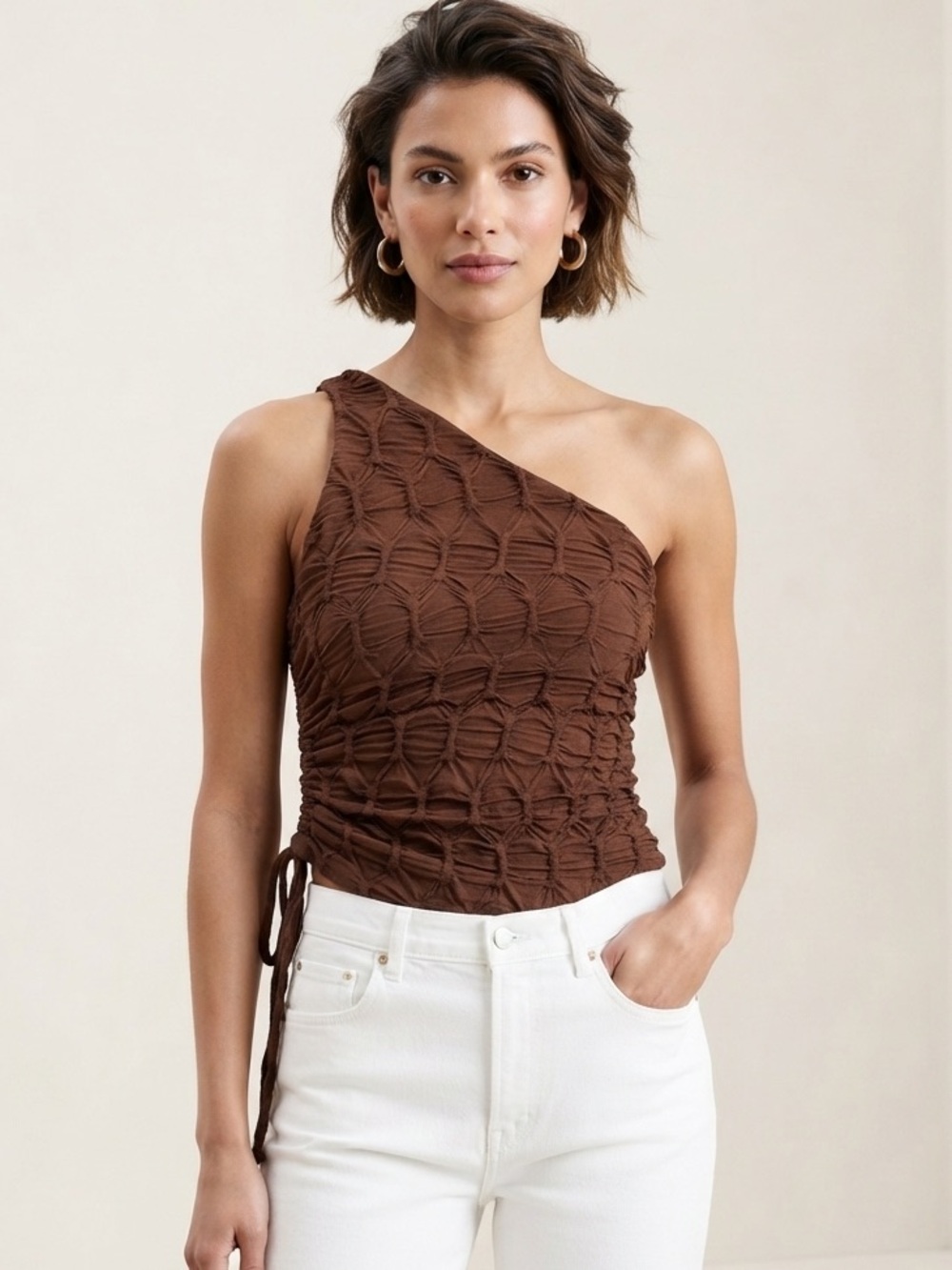 See You Monday One-Shoulder Textured Brown Women’s Top